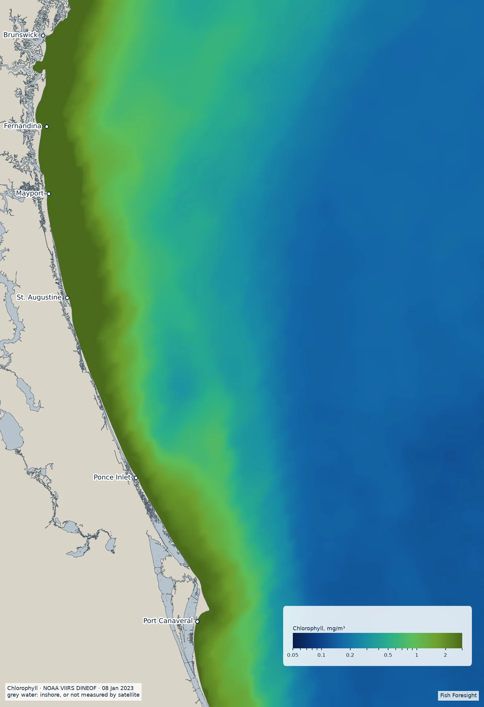 Map of chlorophyll off Northeast Florida, from dark blue clean water to olive-green water, 0.05 to 3 mg per cubic metre; inshore water is grey